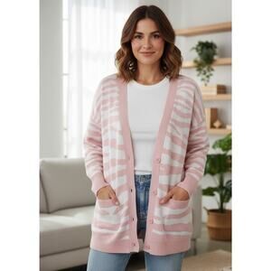 Isaac Mizrahi Live! QVC Medium Powder Pink White Zebra Stripes Cardigan Sweater